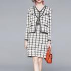 Set: Plaid Button Jacket + Sleeveless Sheath Dress Jacket - White - One Size / Dress - White - One Size