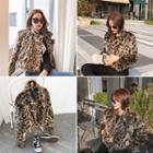 Notched-collar Faux-fur Leopard Jacket Beige - One Size