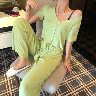 Short-sleeve Plain Cardigan / Drawstring Plain Pants