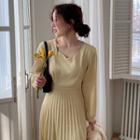 Long-sleeve Midi Pleated Dress Yellow - One Size