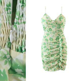 Spaghetti-strap Ruffled Floral Mini Sheath Dress