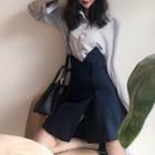 Set: Striped Long-sleeve Shirt + High Waist Skirt