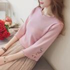 Flower Embroidered 3/4 Sleeve Knit T-shirt