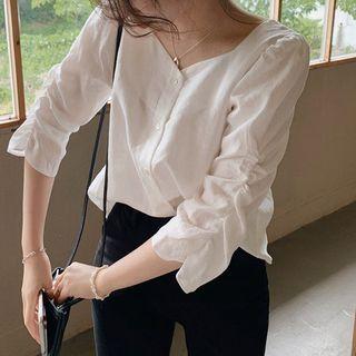 3/4-sleeve Ruched V-neck Blouse