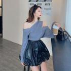 Cold-shoulder Ribbed Sweater / Faux Leather A-line Skirt