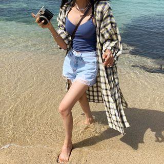 Plain / Plaid Long Robe Cardigan