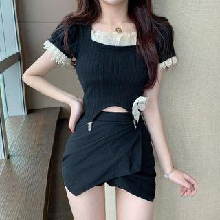 Lace Trim Short-sleeve Top Black - One Size