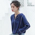 Piped V-neck Long-sleeve Blouse