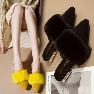 Faux Pearl Low Heel Fluffy Mules