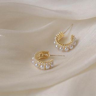 Faux Pearl Open Hoop Earrings 1 Pair - White & Gold - One Size
