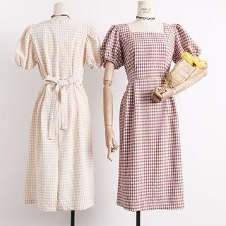 Tie-waist Short-sleeved Check Dress