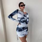 Long Sleeve Tie Dyed Drawstring Bodycon Dress