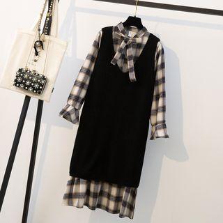 Set: Bow Accent Plaid Long-sleeve Collared Dress + V-neck Sleeveless Knit Dress