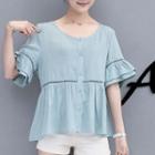Perforated Ruffle Trim Elbow Sleeve Top
