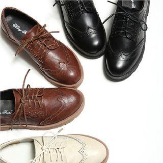 Faux Leather Block Heel Brogue Shoes