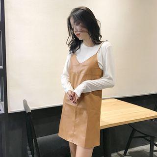 Long-sleeve T-shirt / Faux-leather Spaghetti Strap Dress