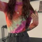 Long-sleeve High-neck Tie-dye Skinny T-shirt As Shown In Figure - One Size