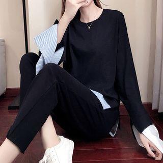 Set: Striped Panel Pullover + Plain Slim Fit Pants
