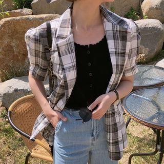 Puff-shoulder Short-sleeve Plaid Blazer Black Check One Size
