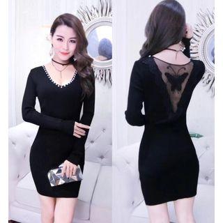 Open-back Lace Faux-pearl Sheath Dress