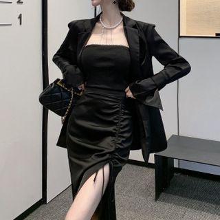 Strapless Halter Top / Slit Midi Pencil Skirt / Blazer