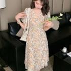 Puff-sleeve Floral Print Midi A-line Chiffon Dress