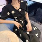 Short-sleeve Dot Print Midi Dress Black - One Size