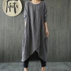 Long-sleeve Irregular Midi A-line Linen Blend Dress