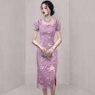 Short-sleeve Square-neck Floral Side-slit Qipao Dress