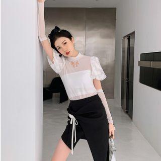 Puff-sleeve Bow Cutout Mesh Top / Tie-front Asymmetrical A-line Skirt