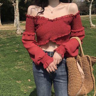 Off-shoulder Shirred Long-sleeve Top
