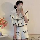 Short-sleeve Contrast Trim Double-breasted Cropped Blouse / Shorts
