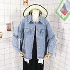 Ripped Buttoned Denim Jacket Blue - One Size