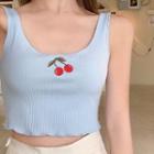 Cherry Embroidered Cropped Rib Knit Tank Top