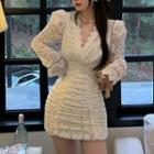 Long-sleeve V-neck Lace Mini Sheath Dress
