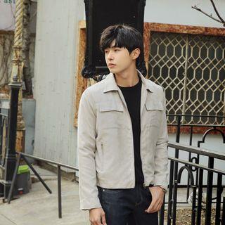 Flap-pocket Faux-suede Zip-up Jacket