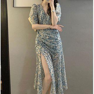 Short-sleeve V-neck Floral Slit Midi Dress