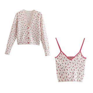 Spaghetti Strap Floral Print Knit Top / Cardigan