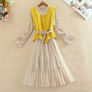 Set: Crew-neck Cable Knit Vest + Mesh Panel Long-sleeve A-line Dress