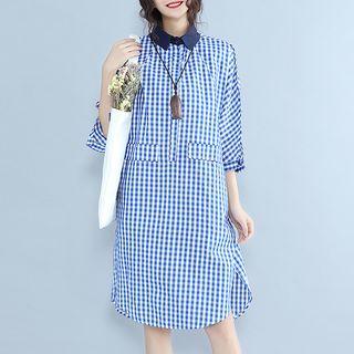 3/4-sleeve Gingham Shirtdress