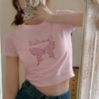 Short-sleeve Butterfly Print T-shirt Pink - One Size