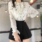 Star Printed Tie-neck Long-sleeved Blouse White - One Size