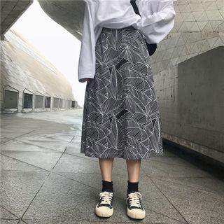 Long-sleeve Printed T-shirt / Leaf Print Midi A-line Skirt