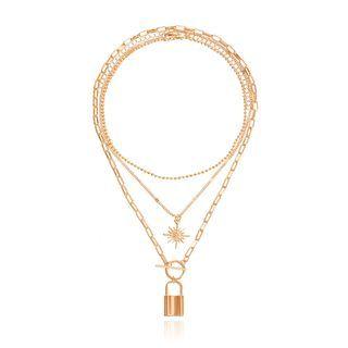 Star Lock Pendant Layered Alloy Necklace Gold - One Size