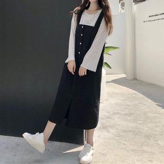 Long-sleeve Striped Shirt / Sleeveless Midi Dress