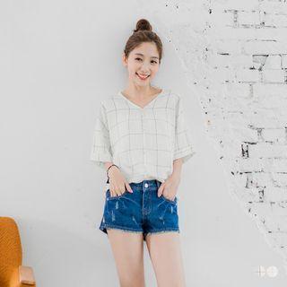 V Neck Button Elbow Sleeve Grid Blouse