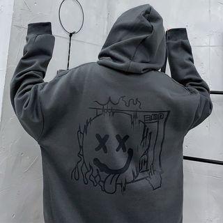 Smiley Face Print Hoodie Dark Gray - One Size