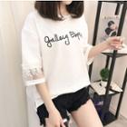 Elbow-sleeve Lace Panel Letter T-shirt