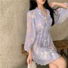 Ruffled Tie-dye Pleated Puff Sleeve Dress