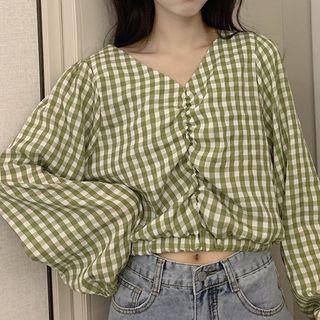 Long-sleeve Plaid Crinkled Top
